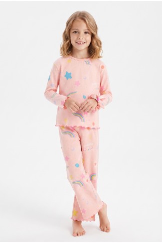 Kız Çocuk Tokalı  Gökkuşağı ve Yıldız Desenli %100 Pamuk Uzun Kollu Pijama Takımı