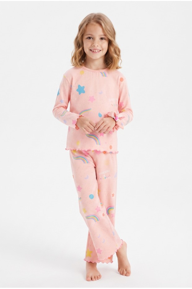 Kız Çocuk Tokalı  Gökkuşağı ve Yıldız Desenli %100 Pamuk Uzun Kollu Pijama Takımı