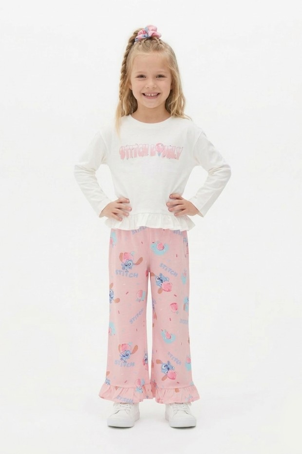 Kız Çocuk Yazı Baskılı %100 Pamuk Reaktif Boyalı Süprem Kumaş Fırfır Detaylı Uzun Kollu Tişört ve Desenli Pantolon Tokalı Takım