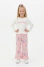 Kız Çocuk Yazı Baskılı %100 Pamuk Reaktif Boyalı Süprem Kumaş Fırfır Detaylı Uzun Kollu Tişört ve Desenli Pantolon Tokalı Takım