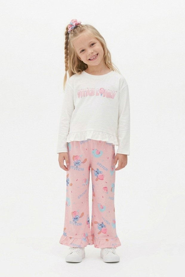 Kız Çocuk Yazı Baskılı %100 Pamuk Reaktif Boyalı Süprem Kumaş Fırfır Detaylı Uzun Kollu Tişört ve Desenli Pantolon Tokalı Takım