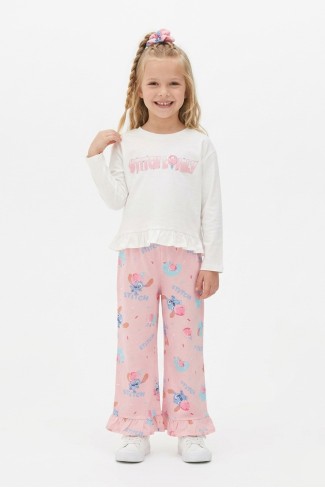 Kız Çocuk Yazı Baskılı %100 Pamuk Reaktif Boyalı Süprem Kumaş Fırfır Detaylı Uzun Kollu Tişört ve Desenli Pantolon Tokalı Takım