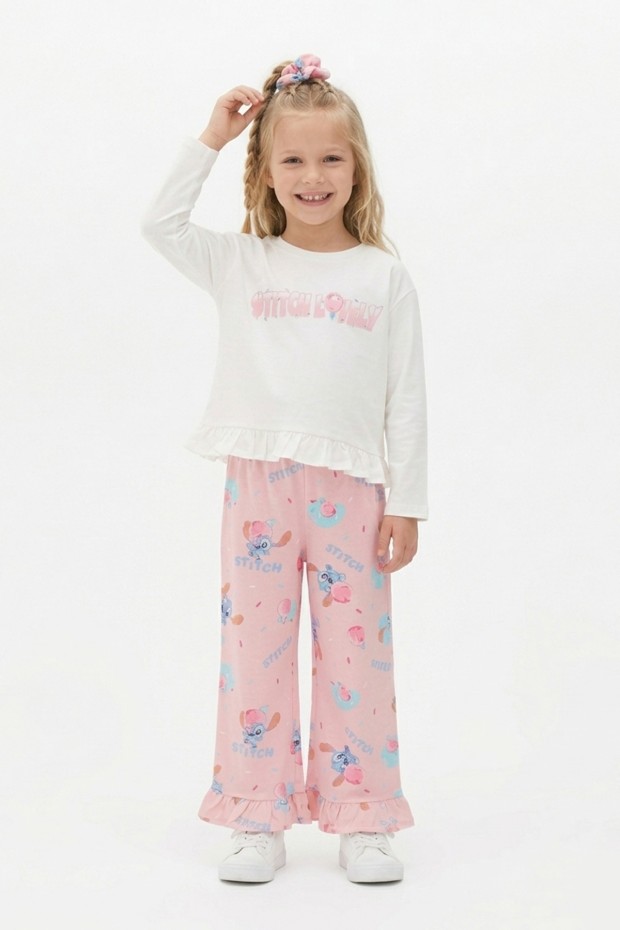 Kız Çocuk Yazı Baskılı %100 Pamuk Reaktif Boyalı Süprem Kumaş Fırfır Detaylı Uzun Kollu Tişört ve Desenli Pantolon Tokalı Takım