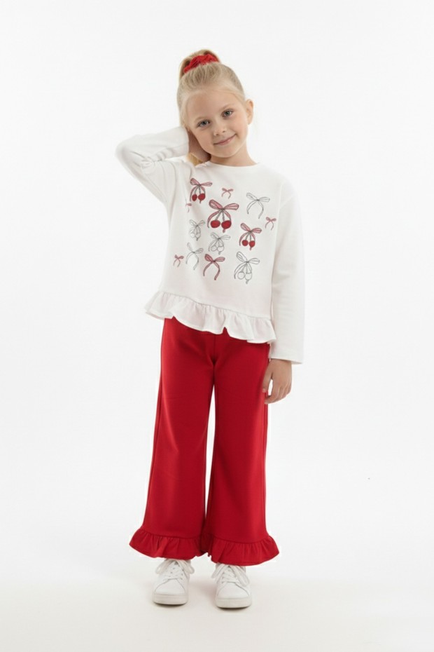 Kız Çocuk Kiraz Baskılı Fırfırlı Uzun Kollu Sweatshirt ve İspanyol Paça Pantolon Tokalı Takım