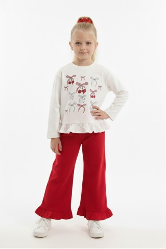 Kız Çocuk Kiraz Baskılı Fırfırlı Uzun Kollu Sweatshirt ve İspanyol Paça Pantolon Tokalı Takım