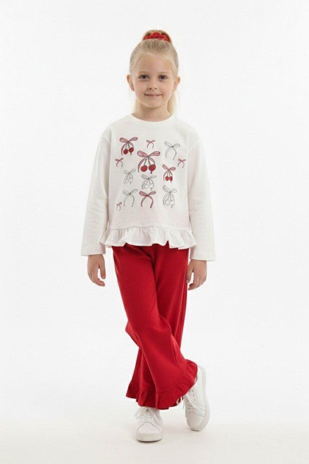 Kız Çocuk Kiraz Baskılı Fırfırlı Uzun Kollu Sweatshirt ve İspanyol Paça Pantolon Tokalı Takım