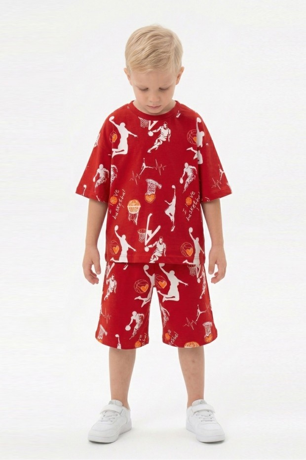 Erkek Çocuk Basketbolcu ve Pota Desenli Kısa Kollu Şortlu Yazlık Takım