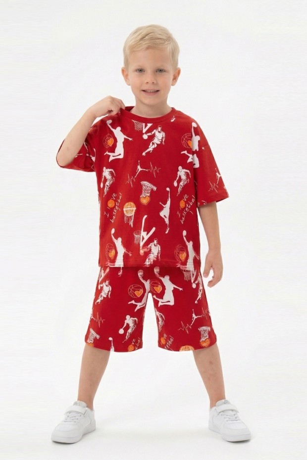 Erkek Çocuk Basketbolcu ve Pota Desenli Kısa Kollu Şortlu Yazlık Takım