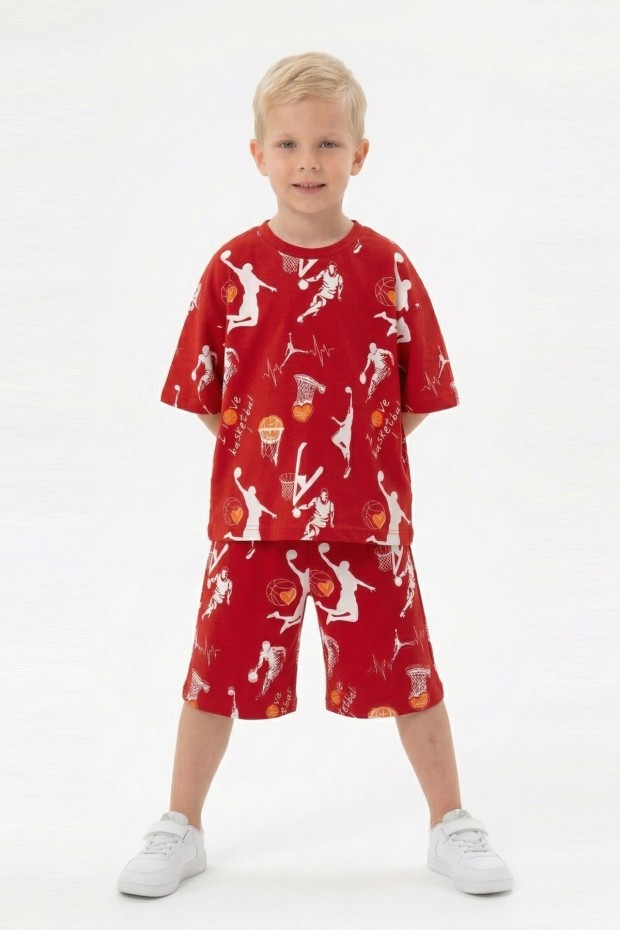 Erkek Çocuk Basketbolcu ve Pota Desenli Kısa Kollu Şortlu Yazlık Takım