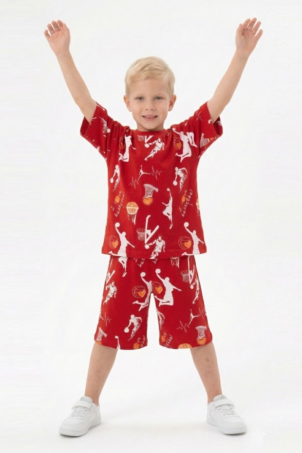 Erkek Çocuk Basketbolcu ve Pota Desenli Kısa Kollu Şortlu Yazlık Takım