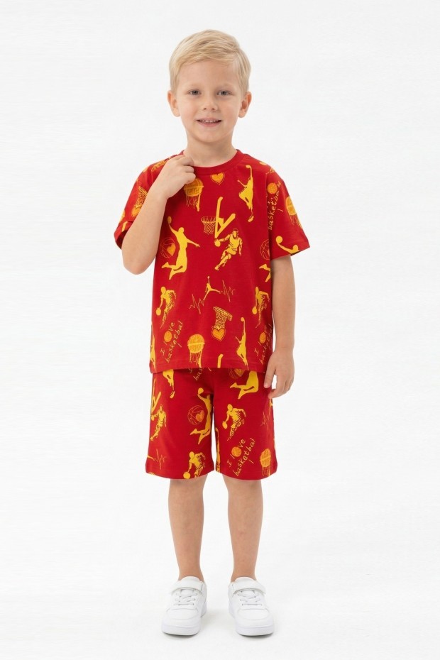 Erkek Çocuk Basketbolcu ve Pota Desenli Kısa Kollu Şortlu Yazlık Takım