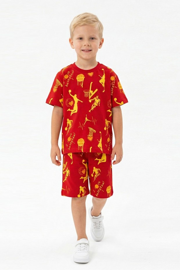 Erkek Çocuk Basketbolcu ve Pota Desenli Kısa Kollu Şortlu Yazlık Takım