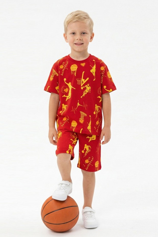 Erkek Çocuk Basketbolcu ve Pota Desenli Kısa Kollu Şortlu Yazlık Takım