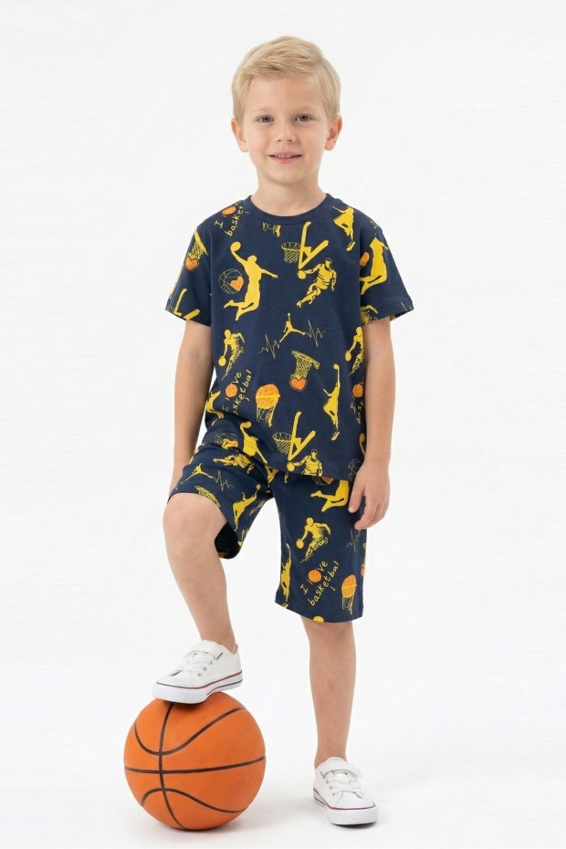 Erkek Çocuk Basketbolcu ve Pota Desenli Kısa Kollu Şortlu Yazlık Takım