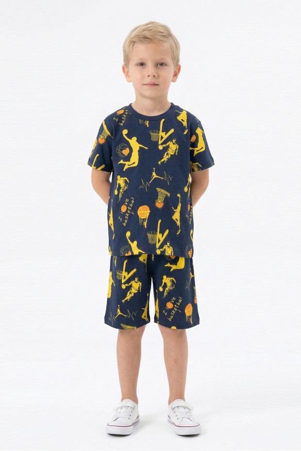 Erkek Çocuk Basketbolcu ve Pota Desenli Kısa Kollu Şortlu Yazlık Takım