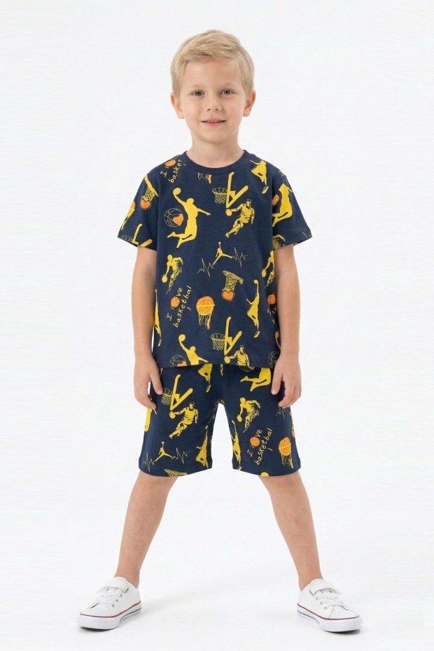 Erkek Çocuk Basketbolcu ve Pota Desenli Kısa Kollu Şortlu Yazlık Takım