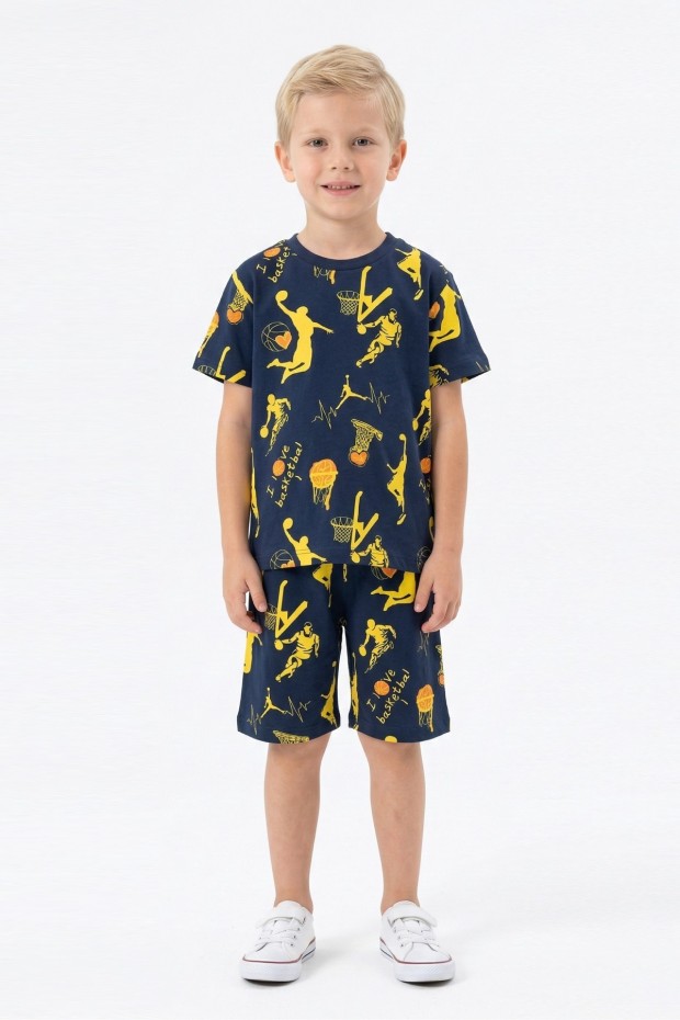 Erkek Çocuk Basketbolcu ve Pota Desenli Kısa Kollu Şortlu Yazlık Takım