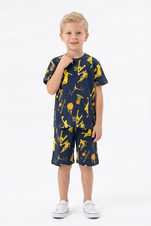 Erkek Çocuk Basketbolcu ve Pota Desenli Kısa Kollu Şortlu Yazlık Takım