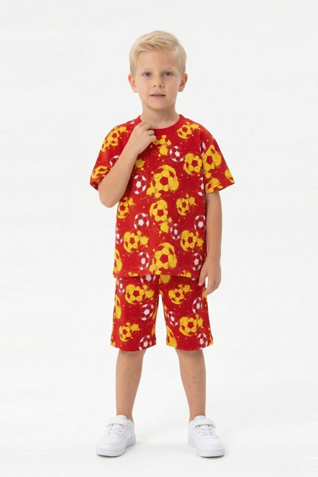 Erkek Çocuk Taraftar Futbol Topu Desenli Kısa Kollu Şortlu Takım