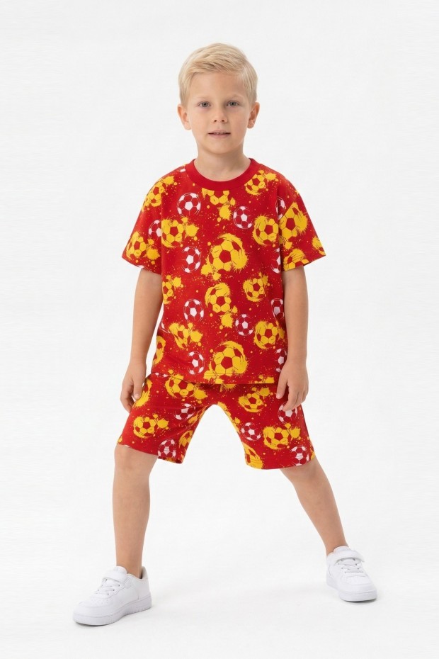 Erkek Çocuk Taraftar Futbol Topu Desenli Kısa Kollu Şortlu Takım