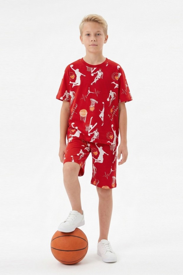 Garson Erkek Çocuk Basketbolcu ve Pota Desenli Kısa Kollu Şortlu Yazlık Takım