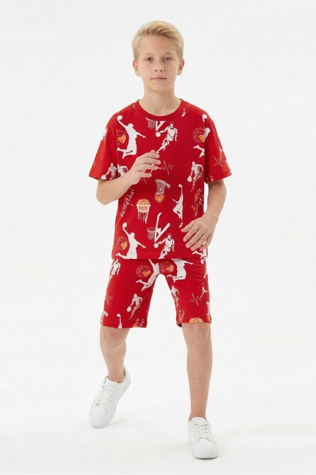 Garson Erkek Çocuk Basketbolcu ve Pota Desenli Kısa Kollu Şortlu Yazlık Takım
