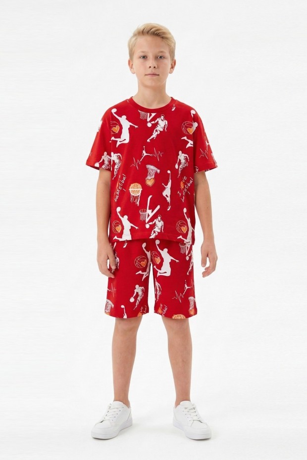 Garson Erkek Çocuk Basketbolcu ve Pota Desenli Kısa Kollu Şortlu Yazlık Takım