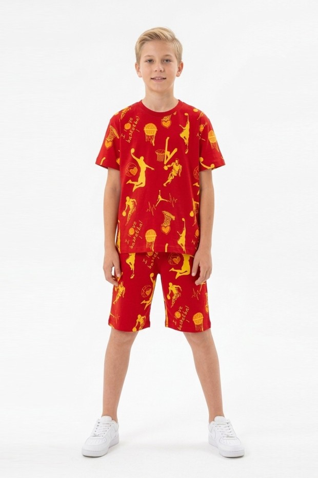 Garson Erkek Çocuk Basketbolcu ve Pota Desenli Kısa Kollu Şortlu Yazlık Takım