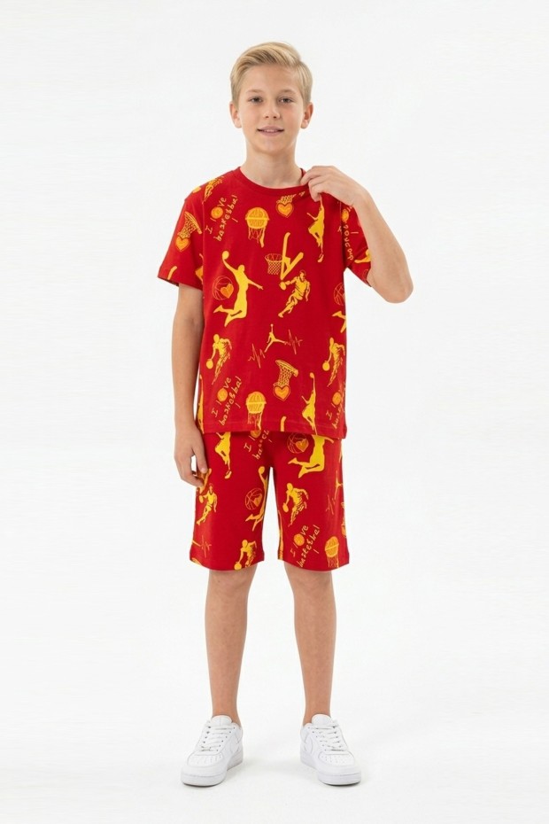 Garson Erkek Çocuk Basketbolcu ve Pota Desenli Kısa Kollu Şortlu Yazlık Takım