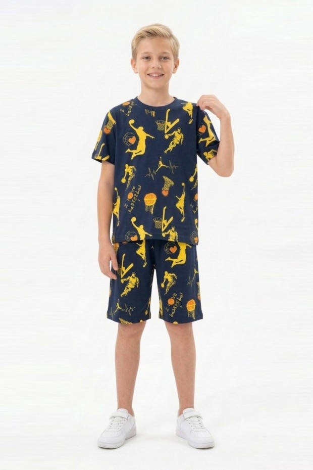 Garson Erkek Çocuk Basketbolcu ve Pota Desenli Kısa Kollu Şortlu Yazlık Takım