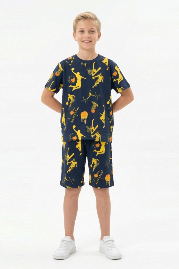 Garson Erkek Çocuk Basketbolcu ve Pota Desenli Kısa Kollu Şortlu Yazlık Takım
