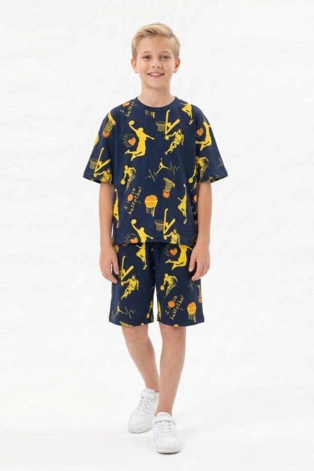 Garson Erkek Çocuk Basketbolcu ve Pota Desenli Kısa Kollu Şortlu Yazlık Takım