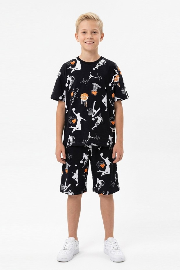 Garson Erkek Çocuk Basketbolcu ve Pota Desenli Kısa Kollu Şortlu Yazlık Takım