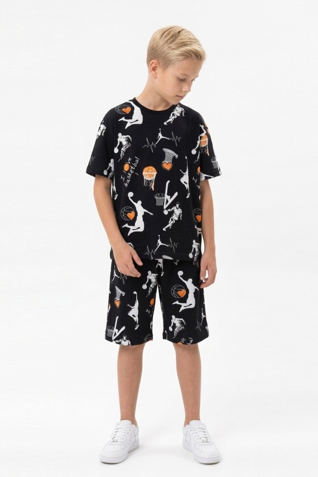 Garson Erkek Çocuk Basketbolcu ve Pota Desenli Kısa Kollu Şortlu Yazlık Takım