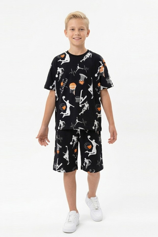 Garson Erkek Çocuk Basketbolcu ve Pota Desenli Kısa Kollu Şortlu Yazlık Takım