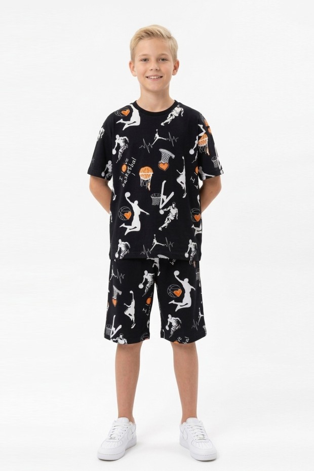 Garson Erkek Çocuk Basketbolcu ve Pota Desenli Kısa Kollu Şortlu Yazlık Takım
