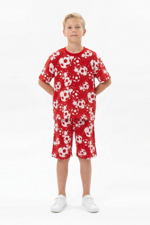 Garson Erkek Çocuk Taraftar Futbol Topu Desenli Kısa Kollu Şortlu Takım