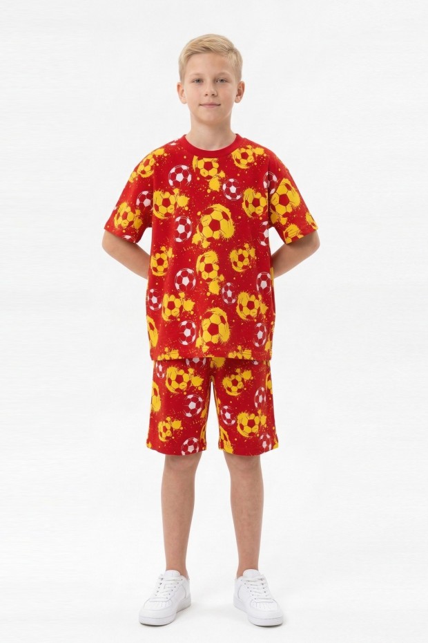 Garson Erkek Çocuk Taraftar Futbol Topu Desenli Kısa Kollu Şortlu Takım