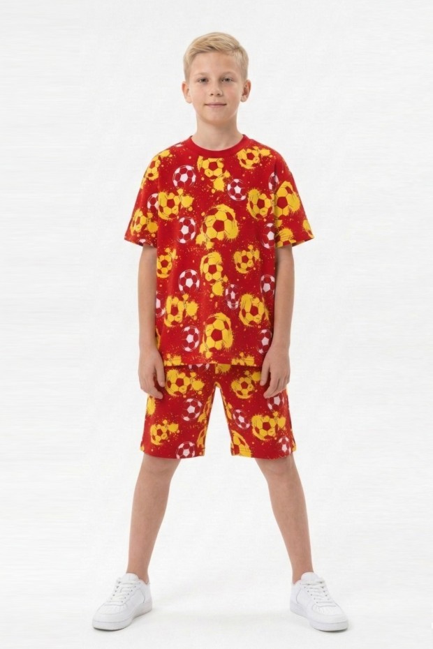 Garson Erkek Çocuk Taraftar Futbol Topu Desenli Kısa Kollu Şortlu Takım