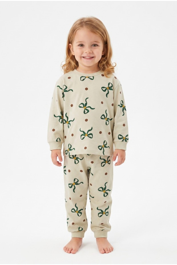 Kız Bebek Baskılı  %100 Pamuk Süprem Kumaş Reaktif Boyama Uzun Kollu Pijama Takımı 