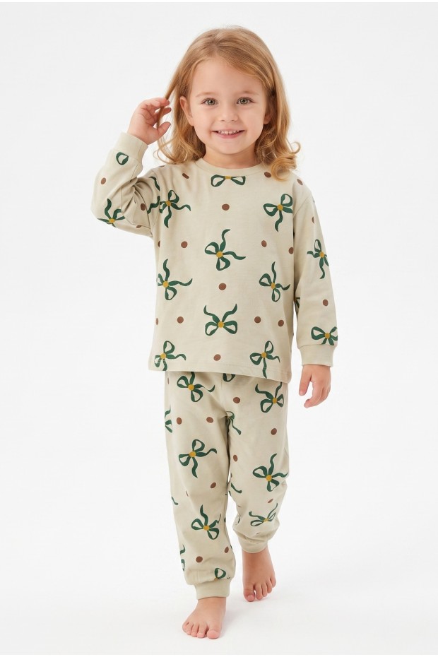 Kız Bebek Baskılı  %100 Pamuk Süprem Kumaş Reaktif Boyama Uzun Kollu Pijama Takımı 