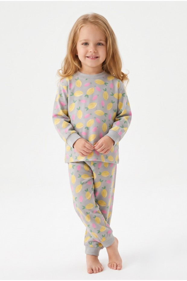 Kız Bebek Baskılı  %100 Pamuk Süprem Kumaş Reaktif Boyama Uzun Kollu Pijama Takımı 