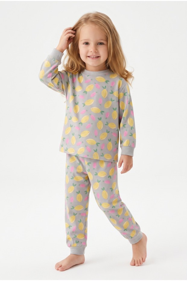 Kız Bebek Baskılı  %100 Pamuk Süprem Kumaş Reaktif Boyama Uzun Kollu Pijama Takımı 