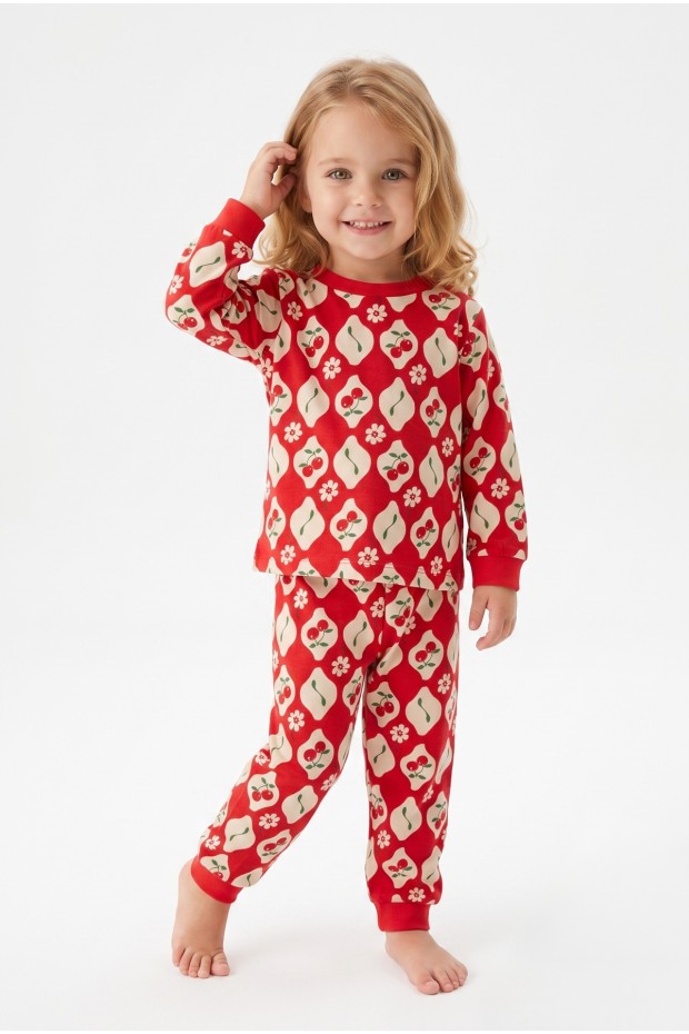 Kız Bebek Baskılı  %100 Pamuk Süprem Kumaş Reaktif Boyama Uzun Kollu Pijama Takımı 