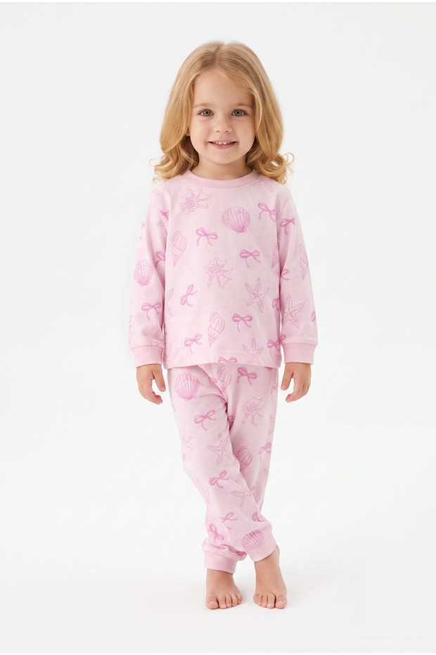 Kız Bebek Baskılı  %100 Pamuk Süprem Kumaş Reaktif Boyama Uzun Kollu Pijama Takımı 