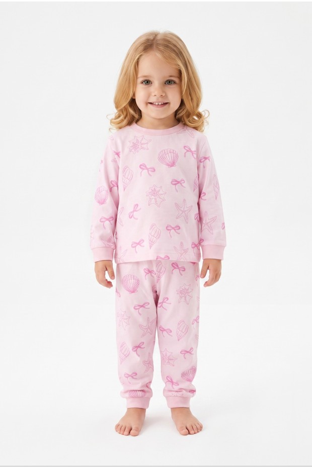 Kız Bebek Baskılı  %100 Pamuk Süprem Kumaş Reaktif Boyama Uzun Kollu Pijama Takımı 