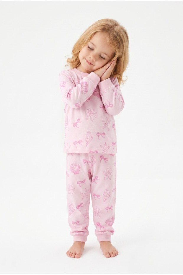 Kız Bebek Baskılı  %100 Pamuk Süprem Kumaş Reaktif Boyama Uzun Kollu Pijama Takımı 