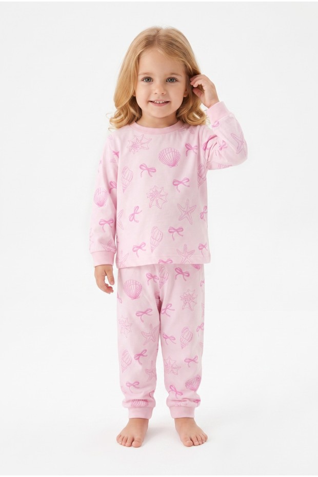 Kız Bebek Baskılı  %100 Pamuk Süprem Kumaş Reaktif Boyama Uzun Kollu Pijama Takımı 
