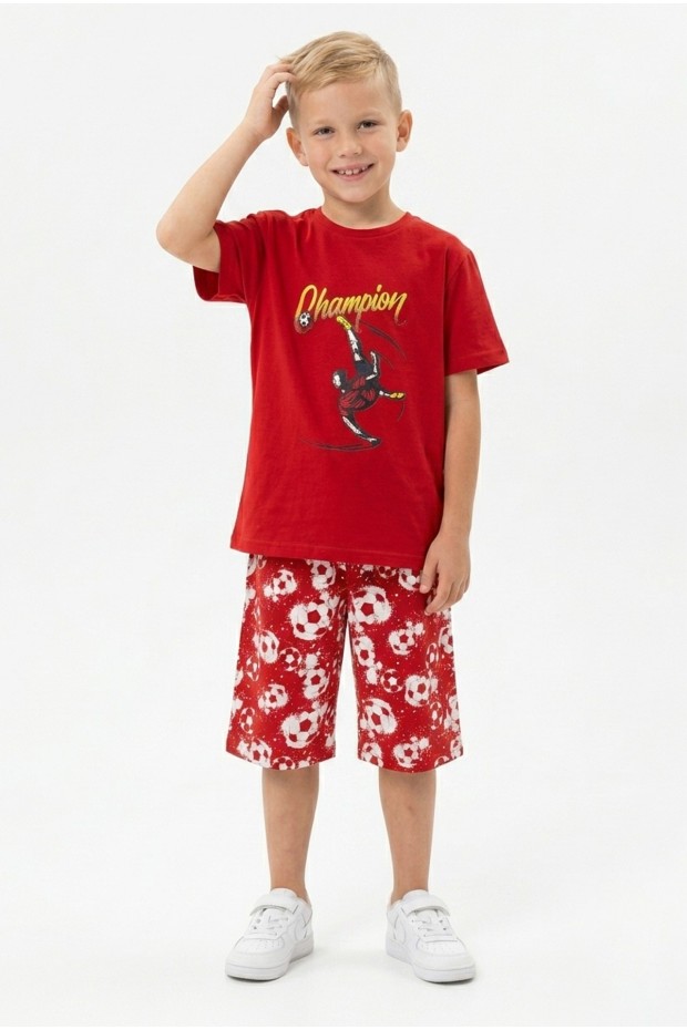 Erkek Çocuk Futbolcu Baskılı Kısa Kollu Süprem Kumaş Şortlu Takım 