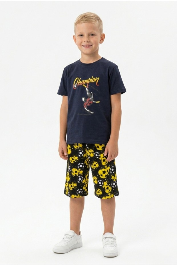 Erkek Çocuk Futbolcu Baskılı Kısa Kollu Süprem Kumaş Şortlu Takım 